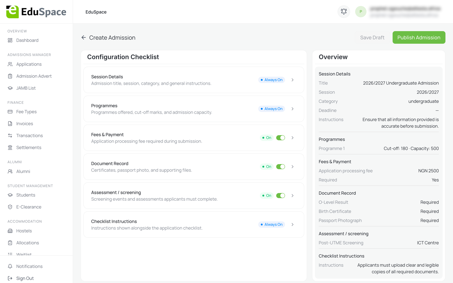 EduSpace admin: create-admission configuration checklist with a live overview panel