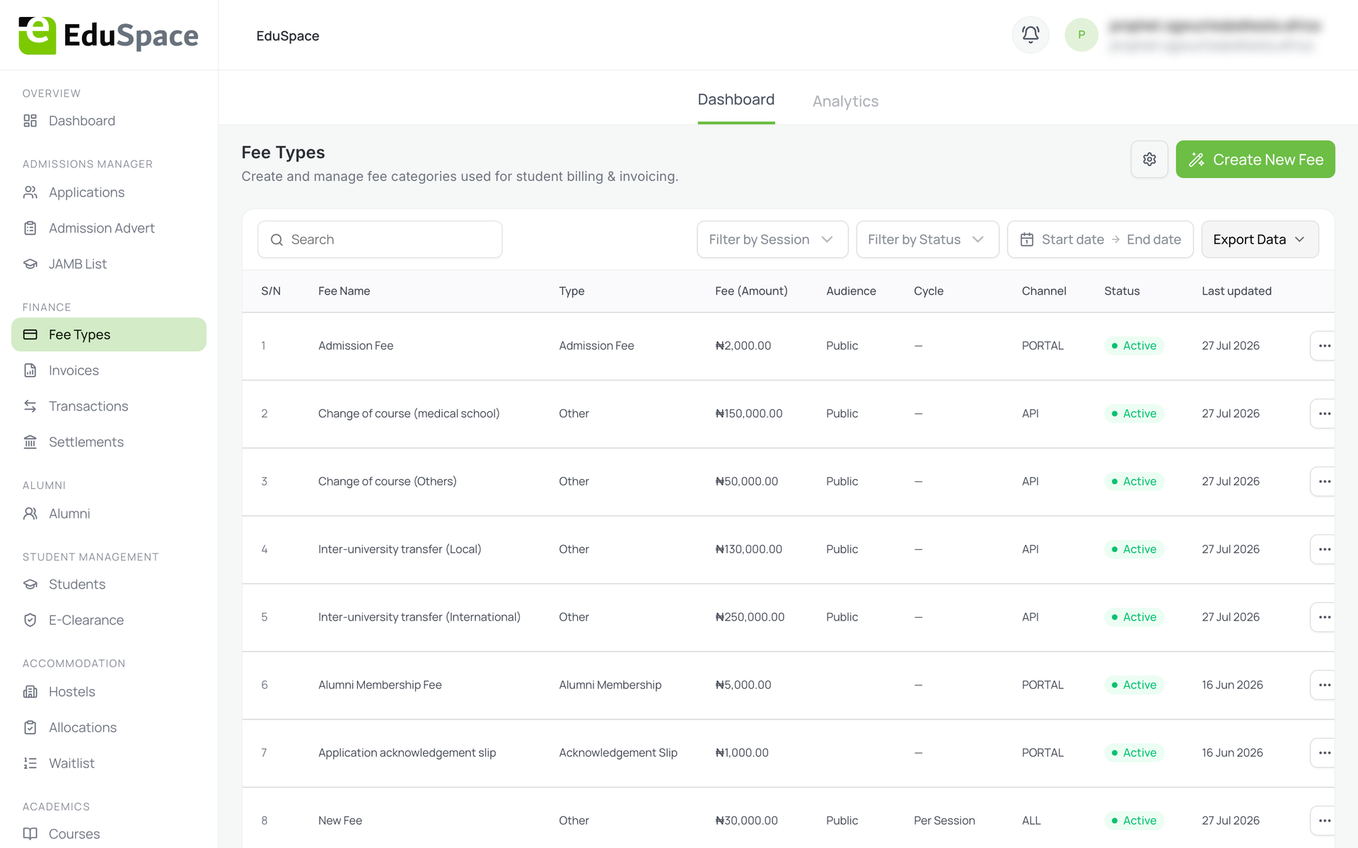 EduSpace fee types table with amount, audience, cycle, channel and status